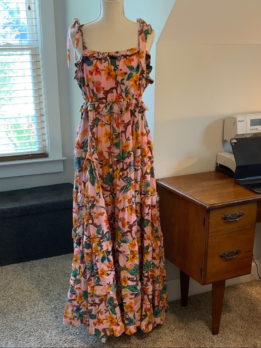 FARM Rio Pink Floral Tie-Shoulder Tiered Maxi Dress